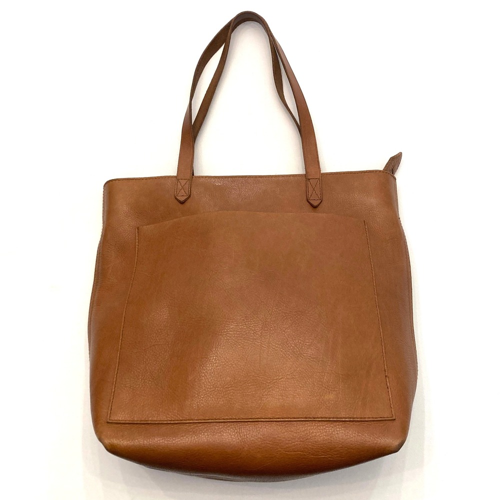 Madewell Zip Top Tote Bag Brown Leather Satchel Unlined Inner Pocket